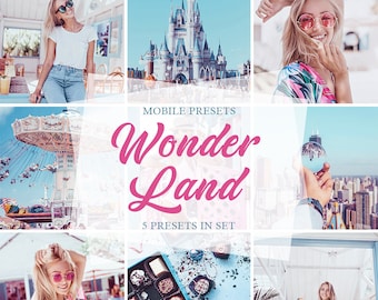 Könnte beinhalten: Eine Collage aus Bildern mit einem märchenhaften Thema. Die Bilder zeigen ein Karussell, ein Schloss, eine Schachtel Pralinen und Menschen mit Sonnenbrillen. Der Text "MOBILE PRESETS Wonder Land 5 PRESETS IN SET" ist in Rosa und Weiß dargestellt.