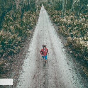 May include: A person in a red shirt and blue shorts runs down a dirt path lined with green foliage.