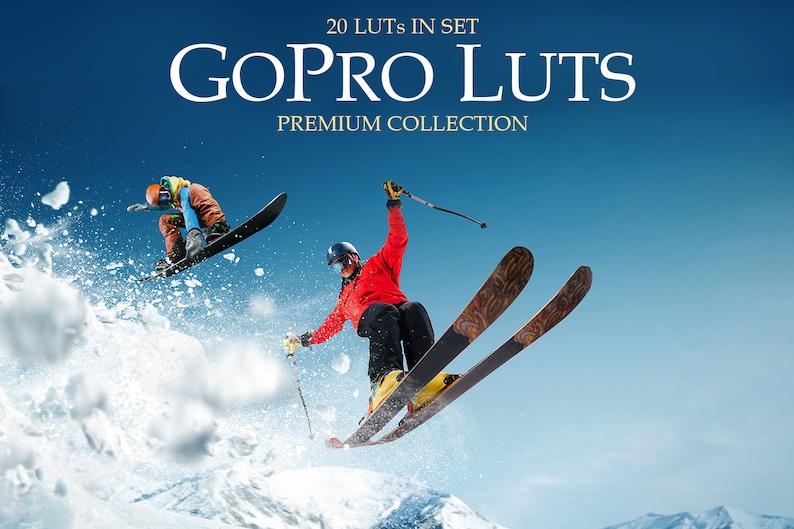 May include: Two skiers in red and orange clothing are jumping in the air against a blue sky. The skiers are wearing helmets and are holding ski poles. The skiers are in mid-air, with snow flying up around them. The text "20 LUTS IN SET GOPRO LUTS PREMIUM COLLECTION" is at the top of the image.