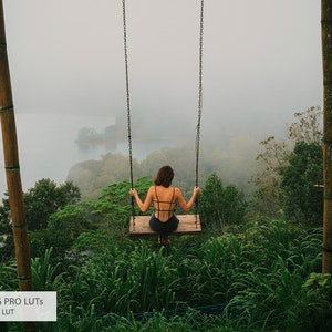 May include: A person sits on a wooden swing overlooking a misty valley. The swing is suspended from a bamboo structure. Lush green foliage surrounds the swing.