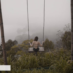 May include: A person sits on a wooden swing overlooking a foggy landscape. The swing is suspended from a wooden frame and is surrounded by lush greenery.