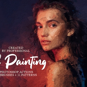 Può includere: Azioni Photoshop, pennelli e modelli per creare un effetto di pittura ad olio. L'immagine mostra una donna con lunghi capelli scuri, che indossa una blusa rossa e nera, su uno sfondo strutturato. Il testo "Oil Painting" è in bianco, con le parole "CREATED BY PROFESSIONAL" sopra. Il testo "5 PHOTOSHOP ACTIONS + 20 BRUSHES + 11 PATTERNS" è sotto la parola "Painting".