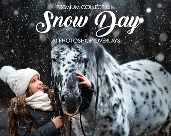 May include: A young girl wearing a white knitted hat and scarf stands next to a black and white spotted horse. Snow is falling around them. The image is titled "Snow Day" and says "70 Photoshop Overlays".