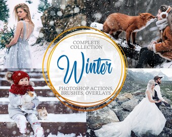 May include: A collection of winter-themed Photoshop actions, brushes, and overlays. The image features four different scenes with snow, including a woman in a blue dress, a child with a rabbit, a fox, and a couple in a snowy landscape.
