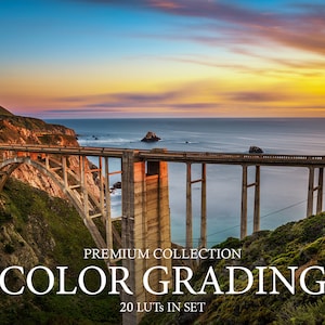 May include: A scenic image of a bridge over a body of water with a sunset in the background. The text "PREMIUM COLLECTION COLOR GRADING 20 LUTs IN SET" is displayed on the image.