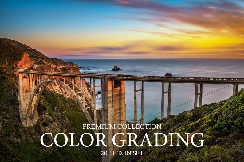 May include: A scenic image of a bridge over a body of water with a sunset in the background. The text "PREMIUM COLLECTION COLOR GRADING 20 LUTs IN SET" is displayed on the image.