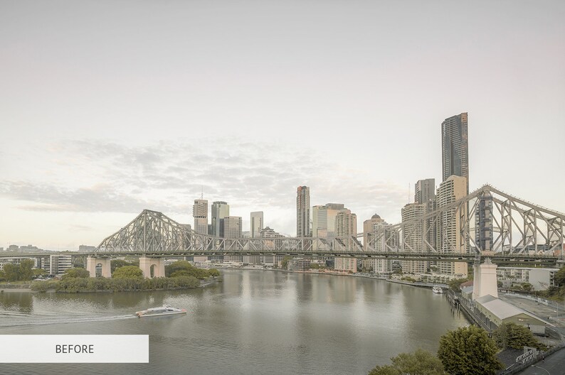 May include: A view of a large bridge over a river with a city skyline in the background. The bridge is made of steel and has a gray color. The city skyline is made up of tall buildings, some of which are skyscrapers. The river is wide and calm, and the sky is a light gray color.