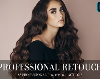 May include: A woman with long, wavy brown hair and blue eyes is featured in a beauty image. The image includes the text "PROFESSIONAL RETOUCH" and "85 PROFESSIONAL PHOTOSHOP ACTIONS". A Photoshop logo is in the upper right corner.
