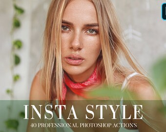 Può includere: Una donna con lunghi capelli biondi indossa una canottiera bianca e un bandana rosso intorno al collo. Il testo "INSTA STYLE" e "40 PROFESSIONAL PHOTOSHOP ACTIONS" è visualizzato sotto di lei.