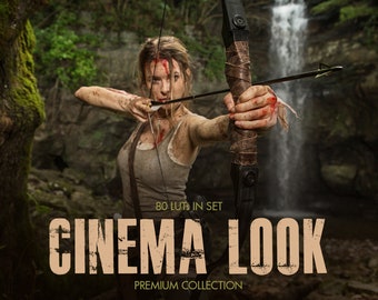 May include: A woman in a jungle setting aims a bow and arrow. The image is a promotional graphic for a set of 80 cinematic LUTs. The text reads "80 LUTs in set Cinema Look Premium Collection".