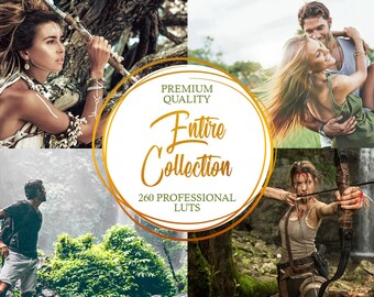 May include: A collage of four images featuring people in a lush green forest setting. The images show a woman with a bow and arrow, a couple embracing, a woman with a staff, and a man walking. The text "Premium Quality Entire Collection 260 Professional LUTs" is displayed in a gold circle.