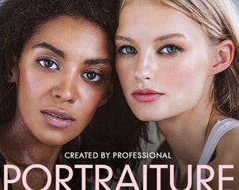 May include: Two women with different skin tones are shown close up. The woman on the left has dark brown skin and dark brown hair. The woman on the right has light skin and light brown hair. The text "CREATED BY PROFESSIONAL" and "PORTRAITURE" is shown in pink letters. The text "30 PHOTOSHOP ACTIONS" is shown in black letters.