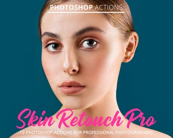 Può includere: Il viso di una donna con un'espressione neutra. L'immagine è una grafica promozionale per un set di 10 azioni di Photoshop chiamato "Skin Retouch Pro" per fotografi professionisti.