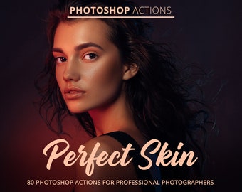May include: A woman with long dark hair is shown in a close-up portrait. The image is lit with warm red and orange light. The text "Perfect Skin" is written in a large, stylized font. The text "80 Photoshop Actions for Professional Photographers" is written in a smaller font below the main text.