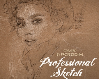 Peut inclure: Une illustration numérique d'un visage de femme dans un style esquisse. L'image est en noir et blanc et a un fond texturé. Le texte "Professional Sketch" est écrit dans une police de caractères stylisée sous l'image. Le texte "Created by Professional" est écrit au-dessus de l'image. Le texte "5 Photoshop Actions + 18 Brushes + 15 Patterns" est écrit sous le texte "Professional Sketch."