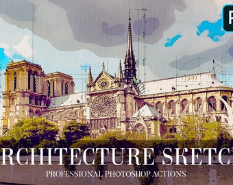 Peut inclure: Une illustration numérique d'une cathédrale célèbre avec un ciel bleu et des nuages en arrière-plan. L'image est superposée à des plans architecturaux et au texte "ARCHITECTURE SKETCH PROFESSIONAL PHOTOSHOP ACTIONS".
