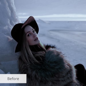 May include: A woman wearing a black hat and a brown fur coat poses in a snowy landscape. The background is a blurry white and blue.