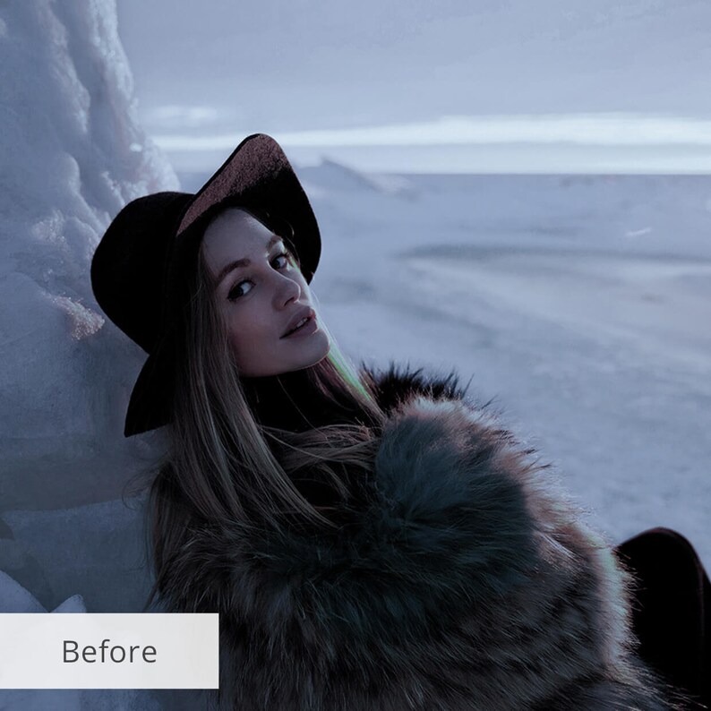May include: A woman wearing a black hat and a brown fur coat poses in a snowy landscape. The background is a blurry white and blue.