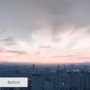 May include: A panoramic view of a city skyline at sunset. The sky is a soft pink and orange, with wispy clouds. The city is filled with tall buildings, and the lights of the city are starting to come on.