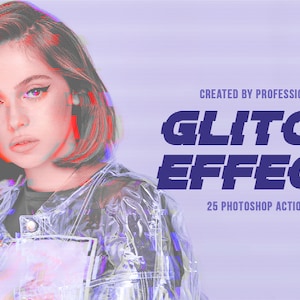 Può includere: Un'immagine di arte digitale con un effetto glitch. L'immagine presenta una donna con i capelli corti rossi che indossa una giacca di plastica trasparente. Il testo "CREATED BY PROFESSIONAL GLITCH EFFECT 25 PHOTOSHOP ACTIONS" è in blu con un effetto glitch.