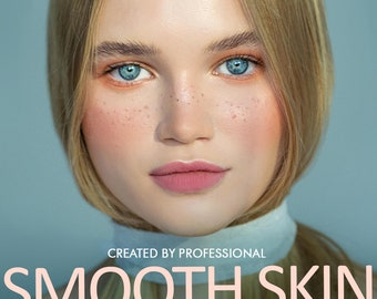 Può includere: Primo piano del viso di una donna con le lentiggini. L'immagine viene utilizzata per pubblicizzare un set di azioni di Photoshop chiamato "Smooth Skin" che include 5 azioni.