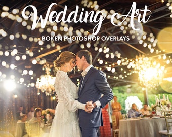 May include: A bride and groom dance together at their wedding reception. The couple is surrounded by guests and string lights. The image is a bokeh effect, with soft, out-of-focus lights.