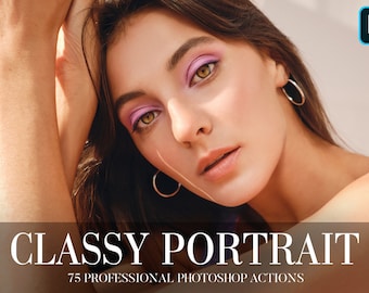 May include: A woman with brown hair and pink eyeshadow looks at the camera. The text "CLASSY PORTRAIT 75 PROFESSIONAL PHOTOSHOP ACTIONS" is at the bottom of the image.