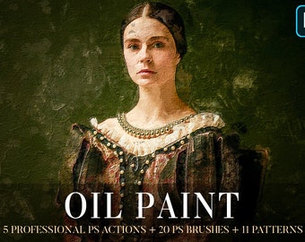 May include: A woman in a dark dress with a gold necklace, painted in an oil painting style. The text "OIL PAINT" is below the woman, and the text "5 PROFESSIONAL PS ACTIONS + 20 PS BRUSHES + 11 PATTERNS" is below that.