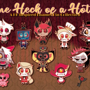 May include: A set of 11 enamel pins featuring characters from the animated series "Hazbin Hotel". The pins are in various colors, including red, black, white, and gold. The pins are all in a chibi style, with large heads and small bodies. The pins are all on a red background with a gold pattern.