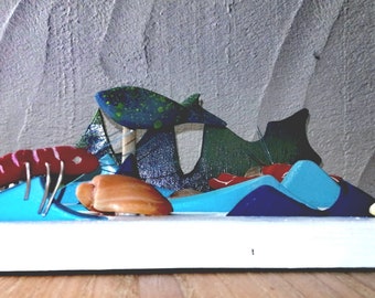 Ocean decoration 5D seabed in tinted wood, fish, shellfish and shellfish