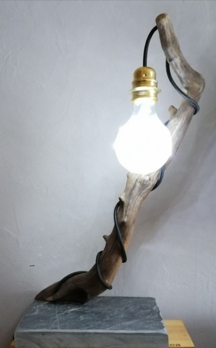 Lampe de Bureau ou d'entrée en Bois Flotté et Ardoise Décorative Artisanale