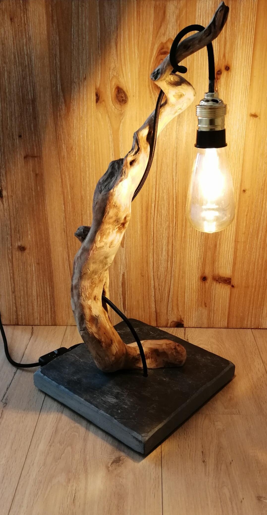 Lampe de Bureau ou d'entrée en Bois Flotté et Ardoise Décorative Artisanale