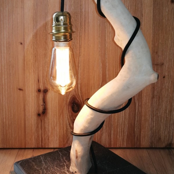 Lampe de bureau ou d'entrée en bois flotté et ardoise décorative et artisanale