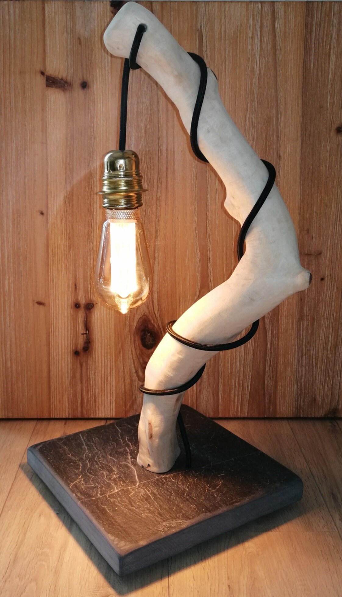 Lampe de Bureau ou d'entrée en Bois Flotté et Ardoise Décorative Artisanale