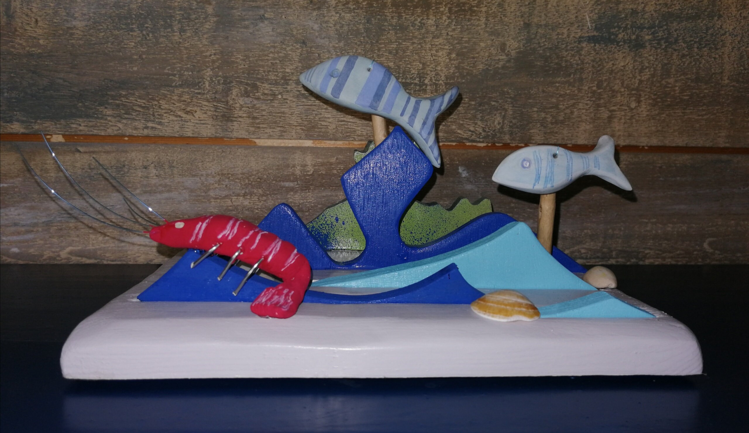 Décoration Oceane en Bois Teinté, Poissons et Coquillages