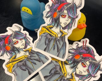 Lofi Demon Girl with oversized headphones - Stickers with cute chill vibes and lofi aesthetic
