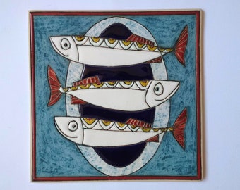 Hanging tiles, Wall hanging tiles, Kids room decoration, Fish motif tiles, Pottery hanging tile, OOAK tile, Decorated tile, Tile with fish