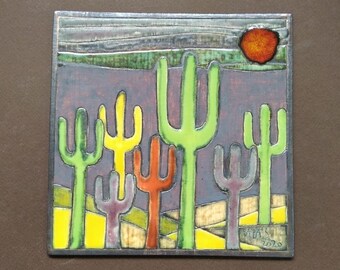 Wall Tile, Art Plates, Cactusl Tile, Wall Hanging, Handmade Wall Tile, Tile With Cactus, Cacti Tile, Cactus Design, Hanging Ceramic Tile