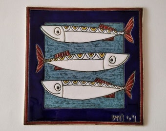 Ceramic tiles, Wall art, Hanging tile, Home decor tile, Handmade tiles with fish, Ceramic tile, Fish motif tile, Bathroom decor, Art tiles