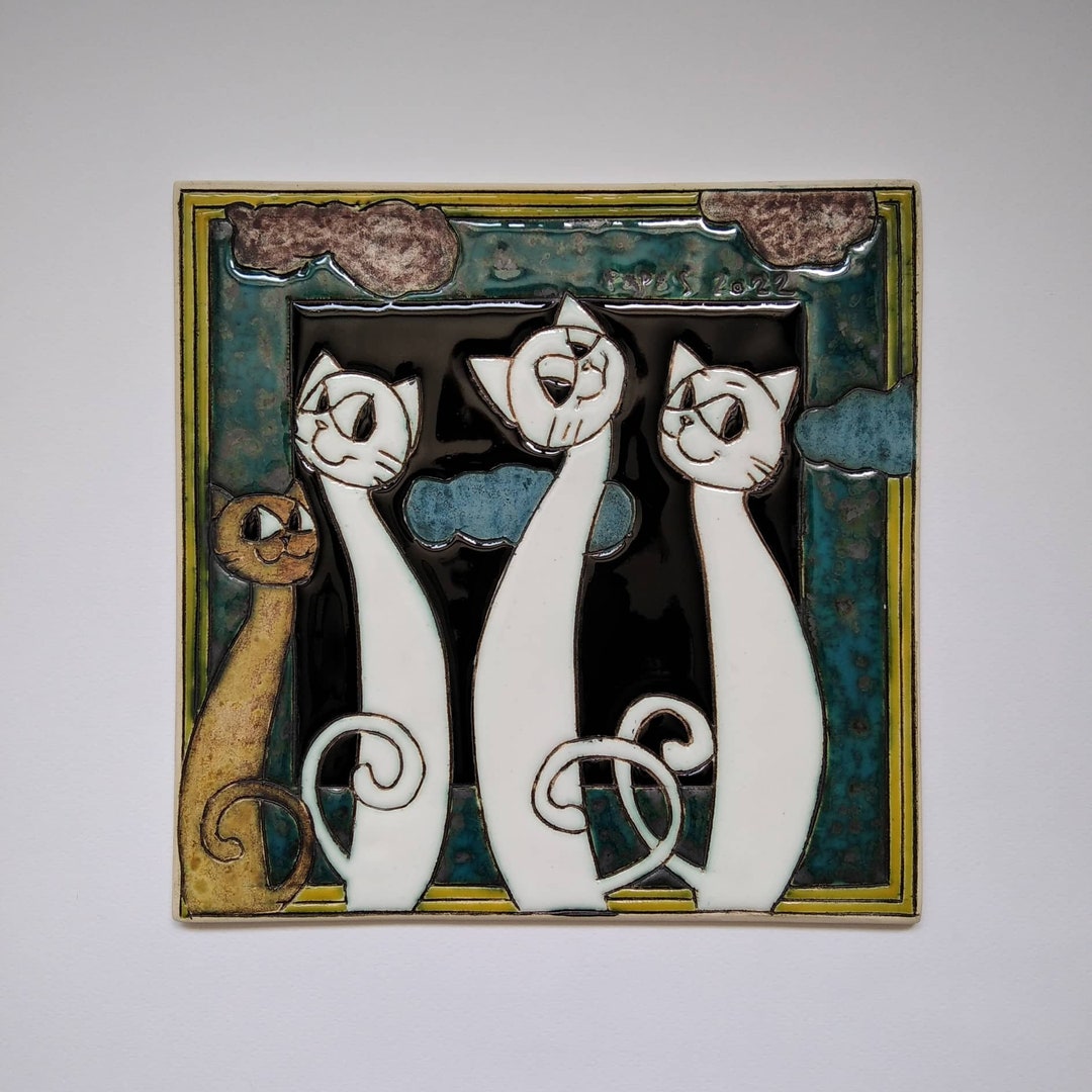 Ceramic Tiles, Cats Tiles, Hanging Figure, Home Decor Tiles, Pottery