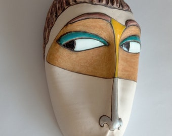 Masque en céramique fait main, Visage en céramique, Sculpture en céramique, Masque pour mur, Décoration de cheminée, Décoration de bureau, Masque de femme, Masque décoratif
