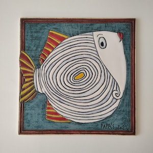 Handmade ceramic tile with fish, Home decor tile, Hanging on a wall, Handmade tile, Wall decor, Gift for kids, Wall hangings, Tiles
