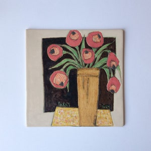 Handmade ceramic tile, Ceramic wall art, Home decor, Wall hanging, Handmade wall tiles, Ceramic tile with flowers, Wall plaque,