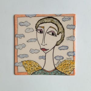 Ceramic tile with angel, Ceramic art tile, Wall art, Hanging figure, Home decor, Handmade tile, Ceramic tile, Pottery tile, Wall decor