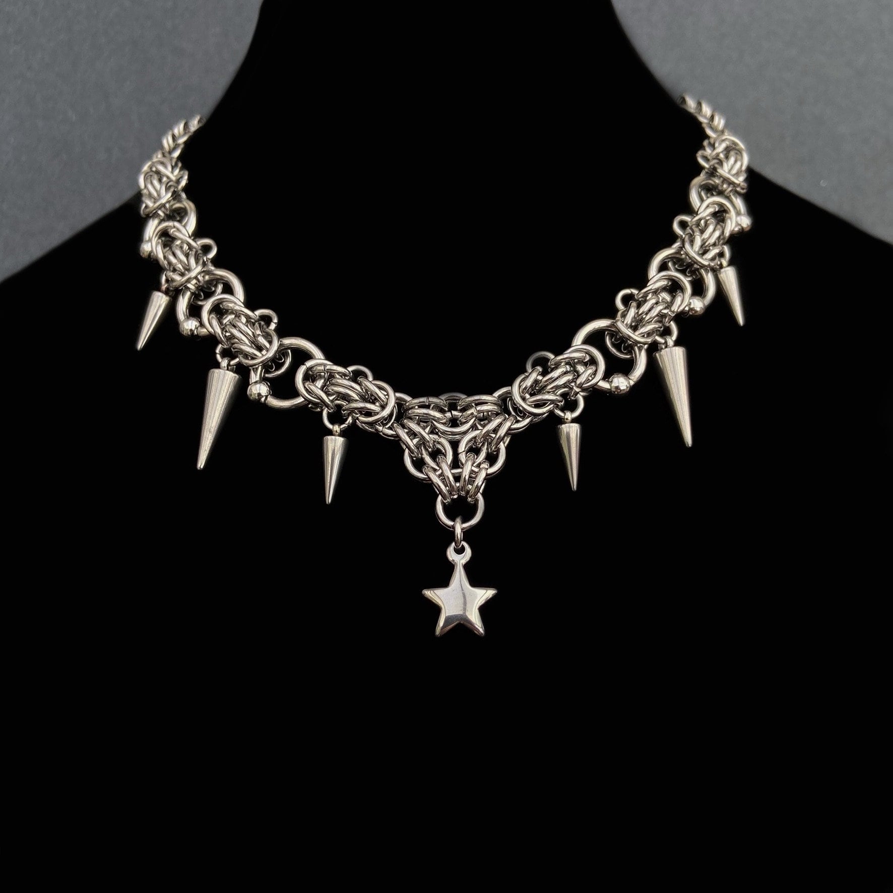 Spiked Star Necklace, Chainmail, Chainmaille Byzantine, Stainless 