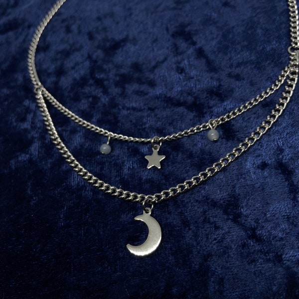 Layered moon and star necklace stainless steel