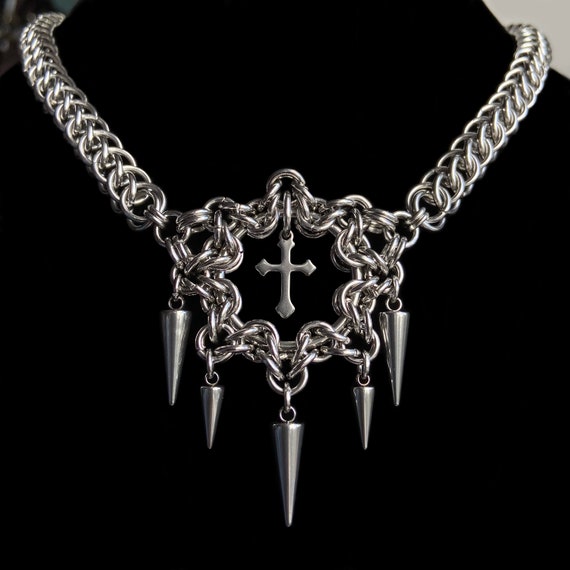 Spiked Chainmail Cross Necklace, Stainless Steel, Handmade, Gothic 