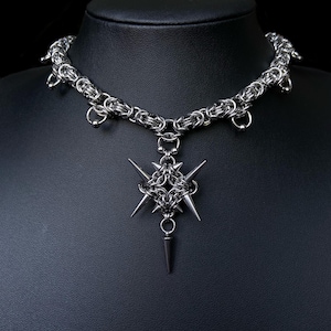 Spiked Captive Ball Chainmail Necklace, Chainmaille Byzantine, Stainless steel, Handmade