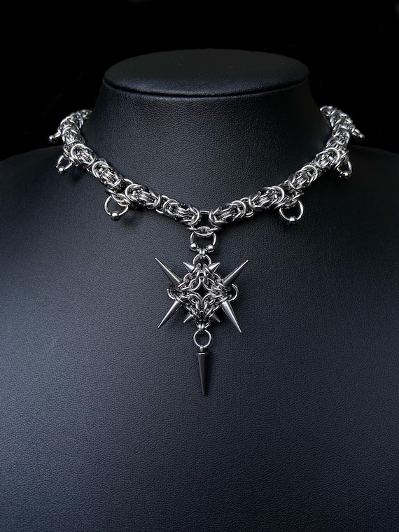 Spiked Captive Ball Chainmail Necklace, Chainmaille Byzantine