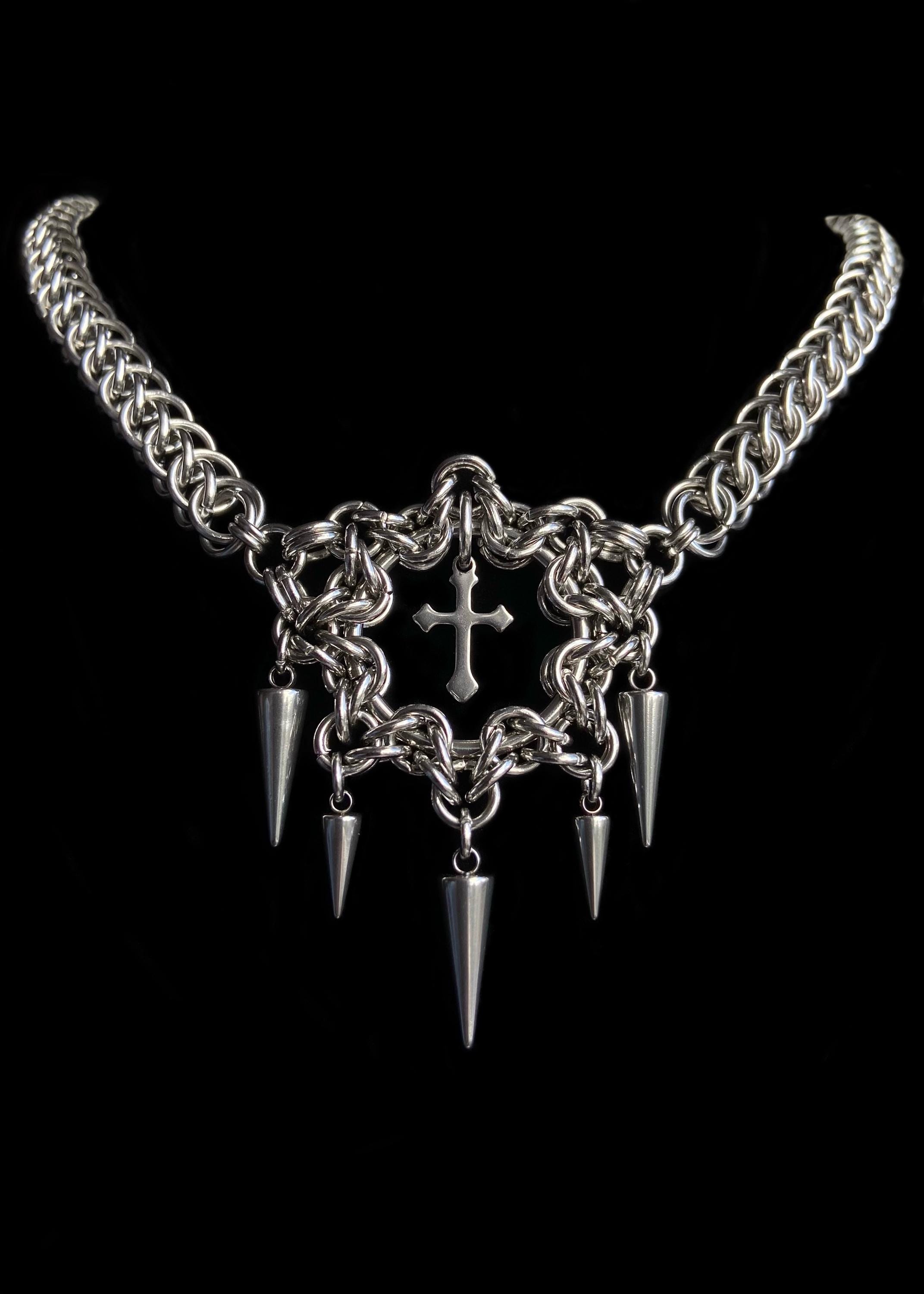 アクセサリー archive spike necklace Gothic y2k opium Spiked Chainmail Cross Necklace, Stainless Steel, Handmade, Gothic